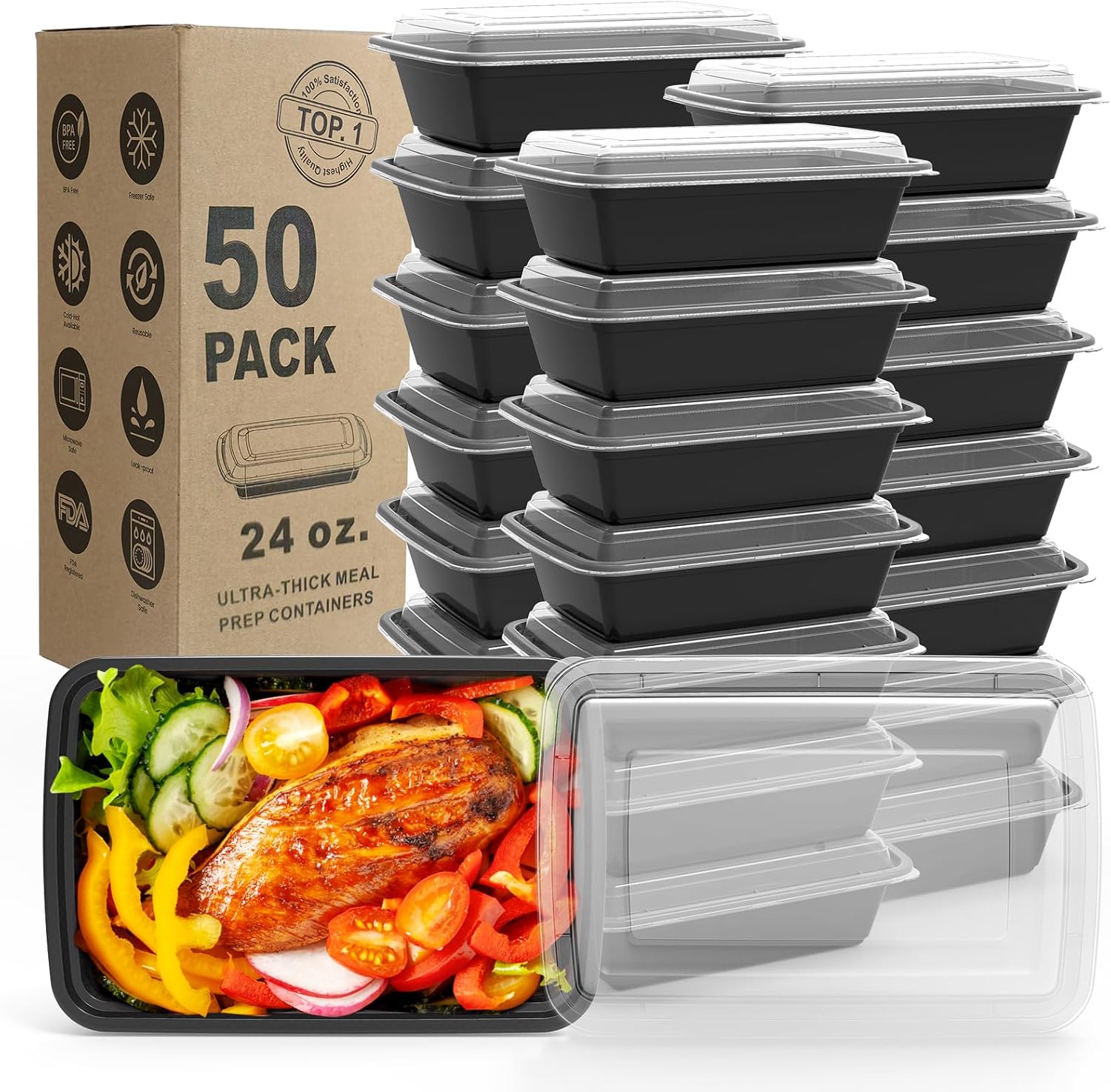 WGCC Meal Prep Containers 24 oz, 50 Pack Extra Thick BPA Free with Lids thumbnail 1