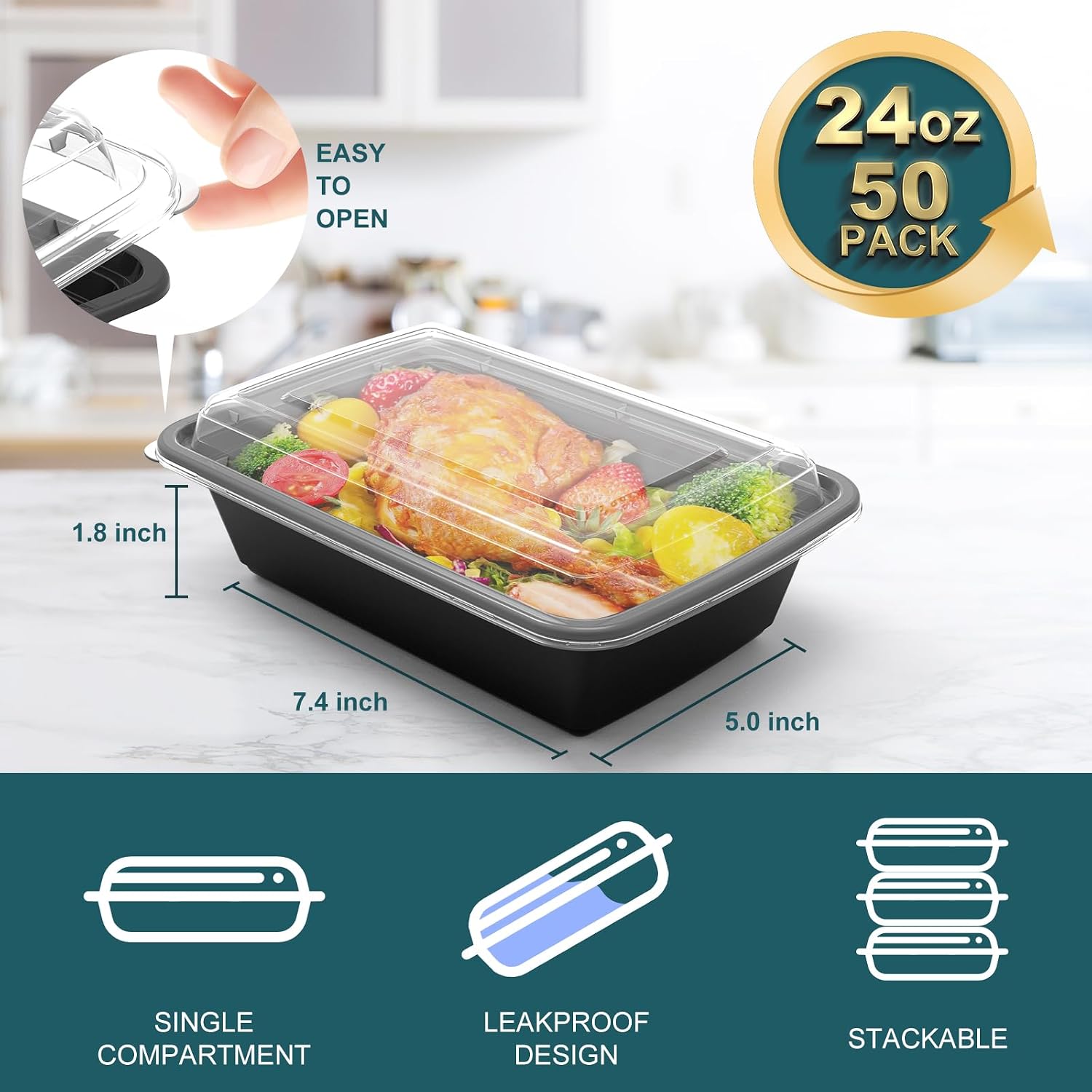 WGCC Meal Prep Containers 24 oz, 50 Pack Extra Thick BPA Free with Lids thumbnail 2