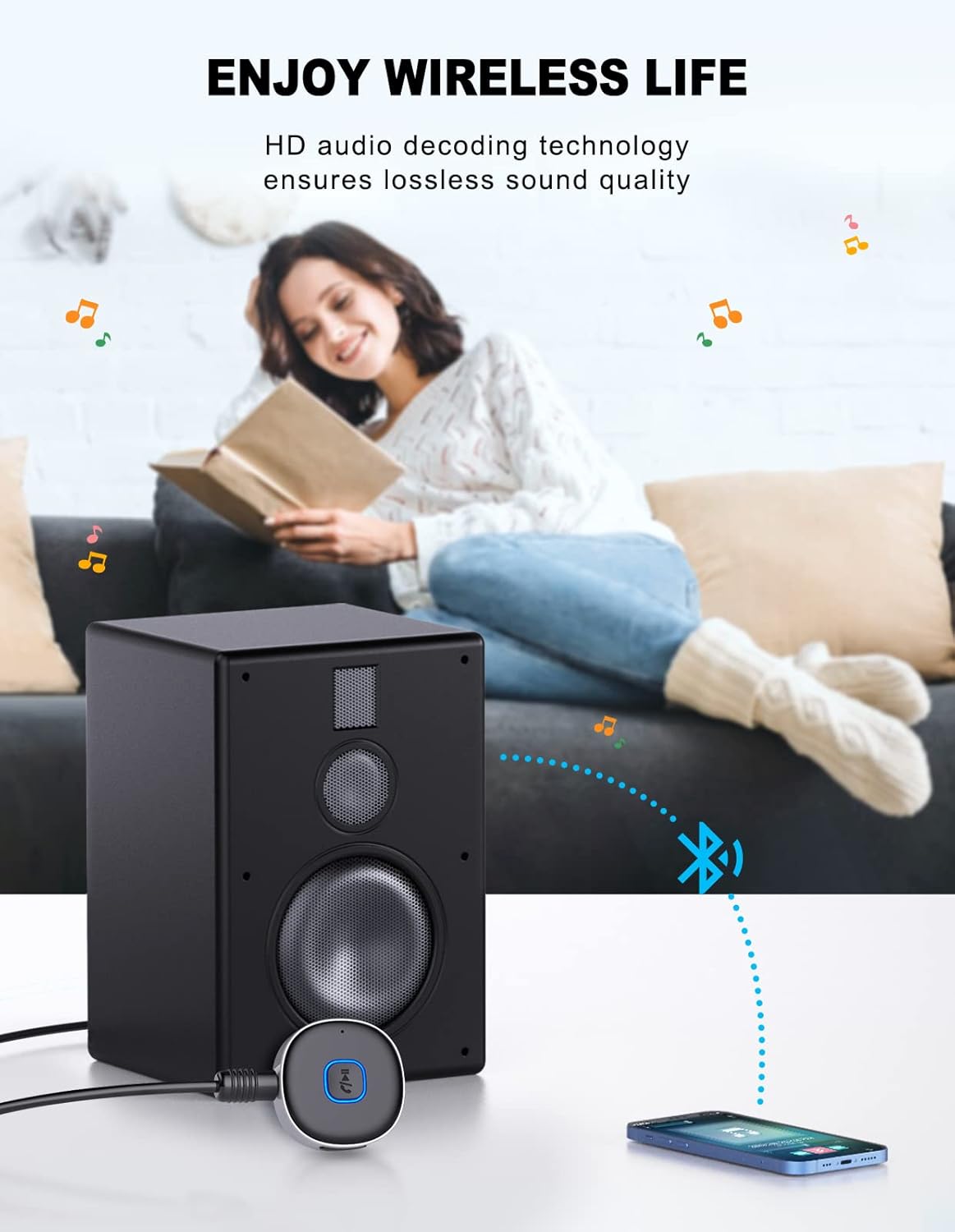 WOCBUY Bluetooth Adapter for Car, 3.5mm AUX Bluetooth Receiver for Music Streaming, Bluetooth 5.0 Wireless Audio Receiver for Car/Home Stereo/Wired Headphones/Speaker, Dual Connect thumbnail 2