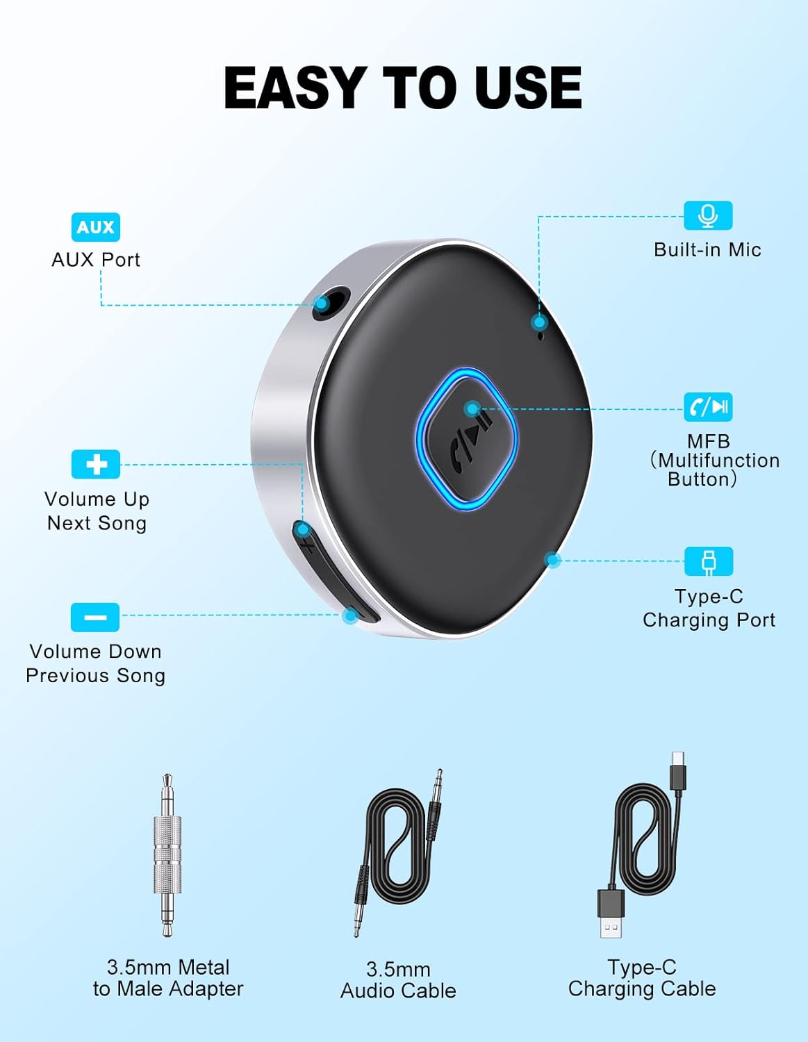 WOCBUY Bluetooth Adapter for Car, 3.5mm AUX Bluetooth Receiver for Music Streaming, Bluetooth 5.0 Wireless Audio Receiver for Car/Home Stereo/Wired Headphones/Speaker, Dual Connect thumbnail 5