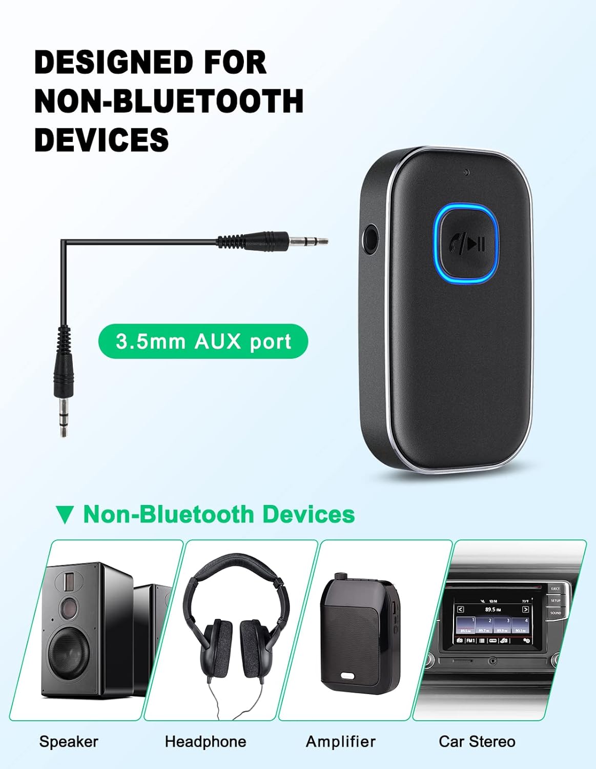 WOCBUY Bluetooth Car Adapter, 3.5mm AUX Bluetooth Receiver for Music Streaming, Wireless Music Audio Adapter with Built-in Mic, Home Stereo, Speakers Black