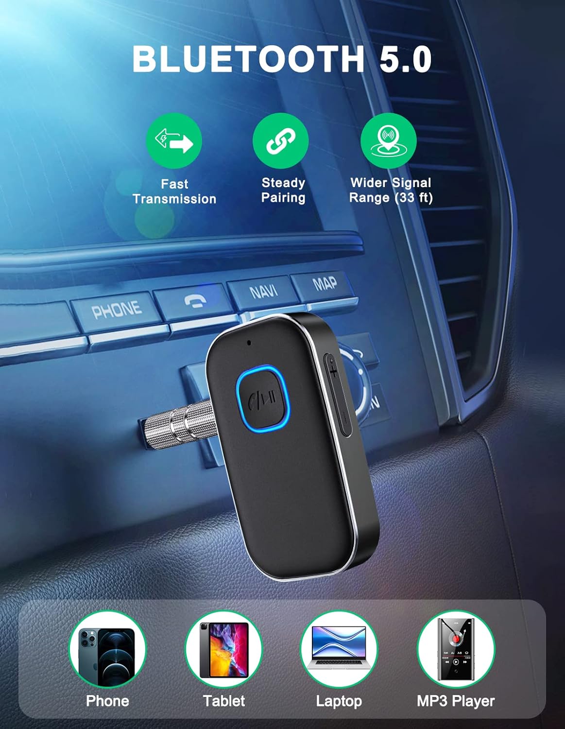 WOCBUY Bluetooth Car Adapter, 3.5mm AUX Bluetooth Receiver for Music Streaming, Wireless Music Audio Adapter with Built-in Mic, Home Stereo, Speakers Black
