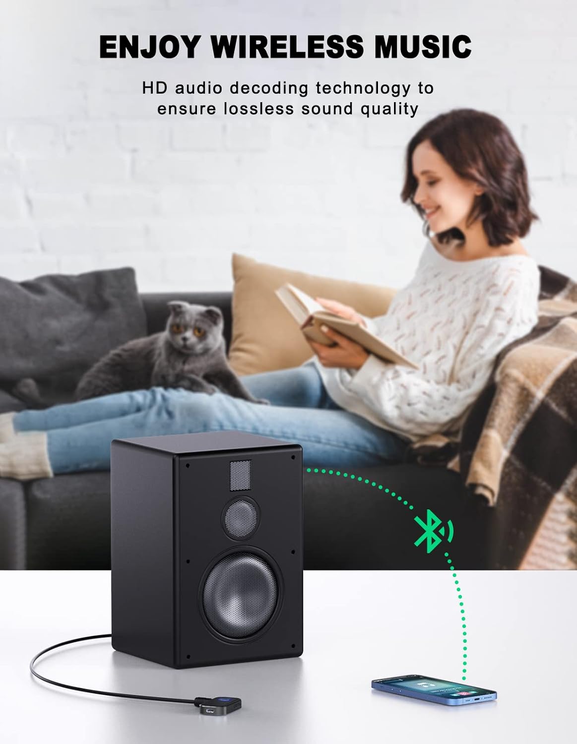 WOCBUY Bluetooth Car Adapter, 3.5mm AUX Bluetooth Receiver for Music Streaming, Wireless Music Audio Adapter with Built-in Mic, Home Stereo, Speakers Black