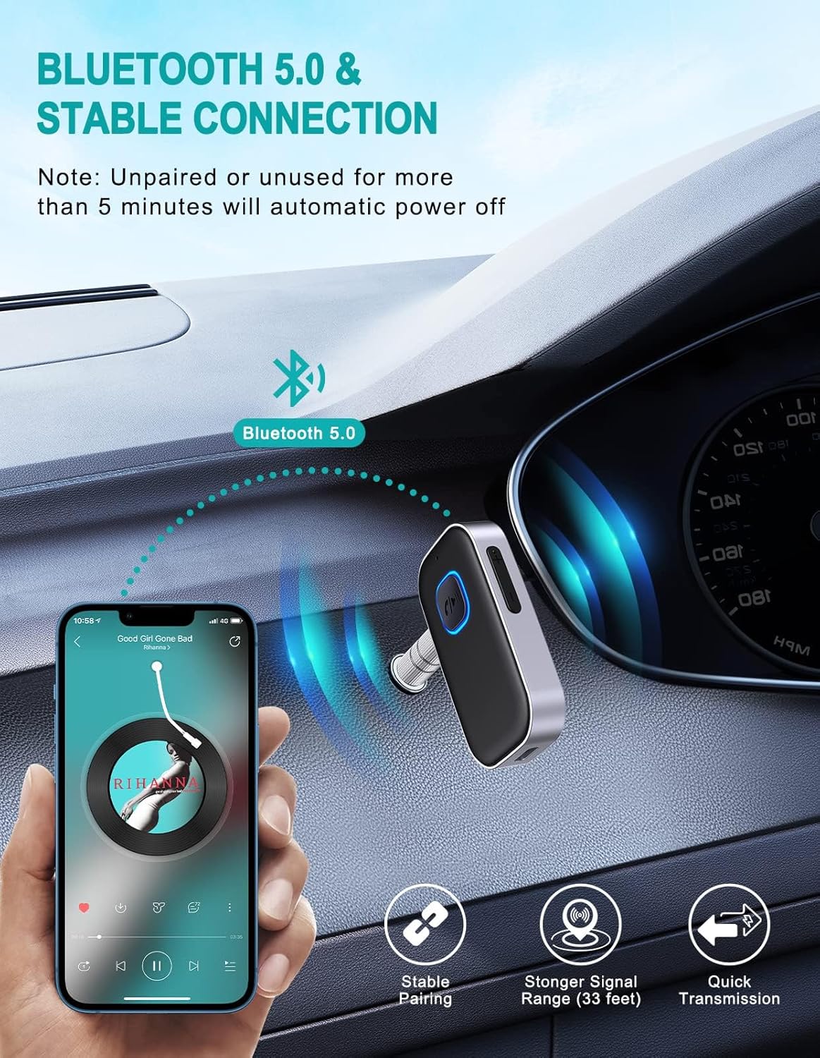 WOCBUY Bluetooth Car Adapter, 3.5mm AUX Bluetooth Receiver for Music Streaming, Wireless Music Audio Adapter with Built-in Mic, Home Stereo, Speakers (Handsfree Car Kits, 16H Playt