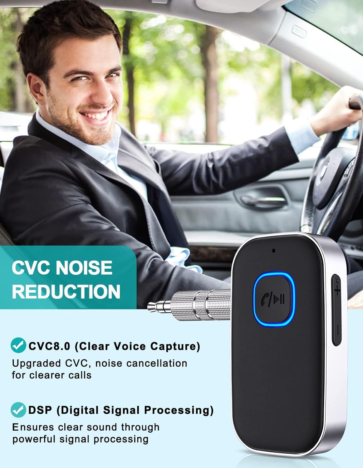 WOCBUY Bluetooth Car Adapter, 3.5mm AUX Bluetooth Receiver for Music Streaming, Wireless Music Audio Adapter with Built-in Mic, Home Stereo, Speakers (Handsfree Car Kits, 16H Playt