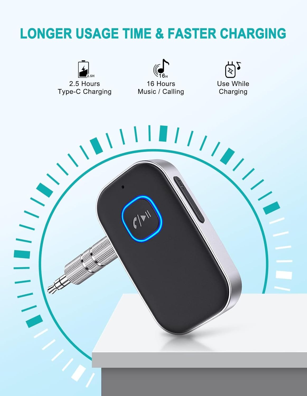 WOCBUY Bluetooth Car Adapter, 3.5mm AUX Bluetooth Receiver for Music Streaming, Wireless Music Audio Adapter with Built-in Mic, Home Stereo, Speakers (Handsfree Car Kits, 16H Playt
