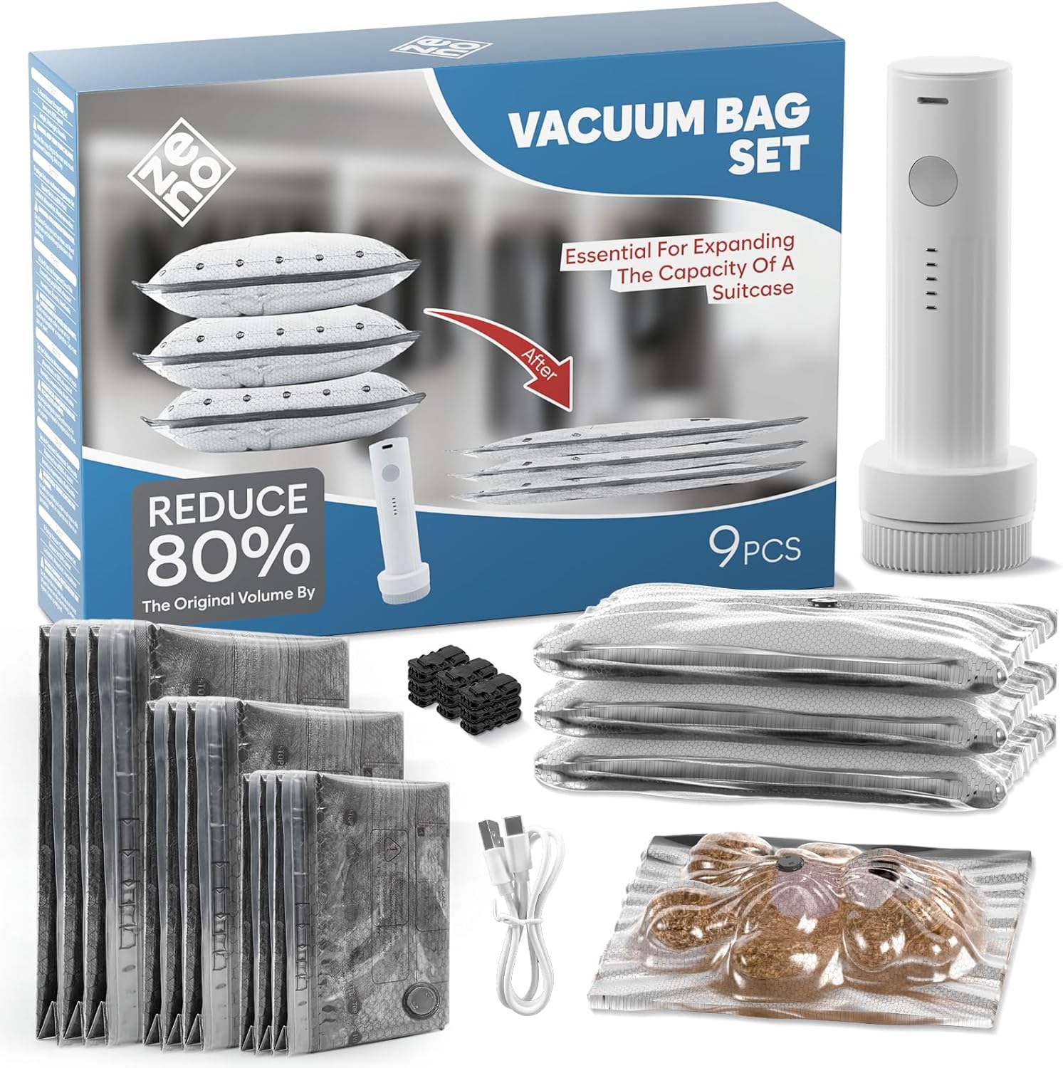 ZENO 9-Pcs Travel Vacuum Bags with Electric Pump - Vacuum Storage Bags for travel - Space Saver for Clothes - Packing Cubes for Luggage & Suitcases - With Portable Cordless Pump