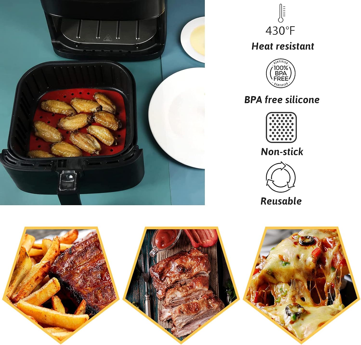 Air Fryer Silicone Liners,2 Pack 8.5 Inch Reusable Food-Grade Silicone Mat, Non-stick Heat Resistant Air Fryer Accessories