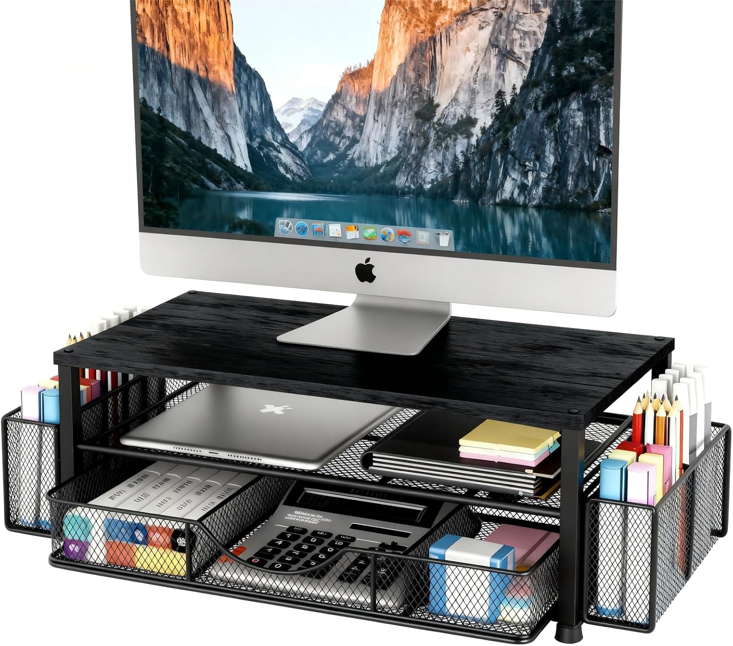 Wood Monitor Stand with Drawer & 2 Pen Holders | 2-Tier Desktop Monitor Riser & Desk Organizer for Computer, Laptop | Desktop Stand for Home Office Accessories (Black) thumbnail 1
