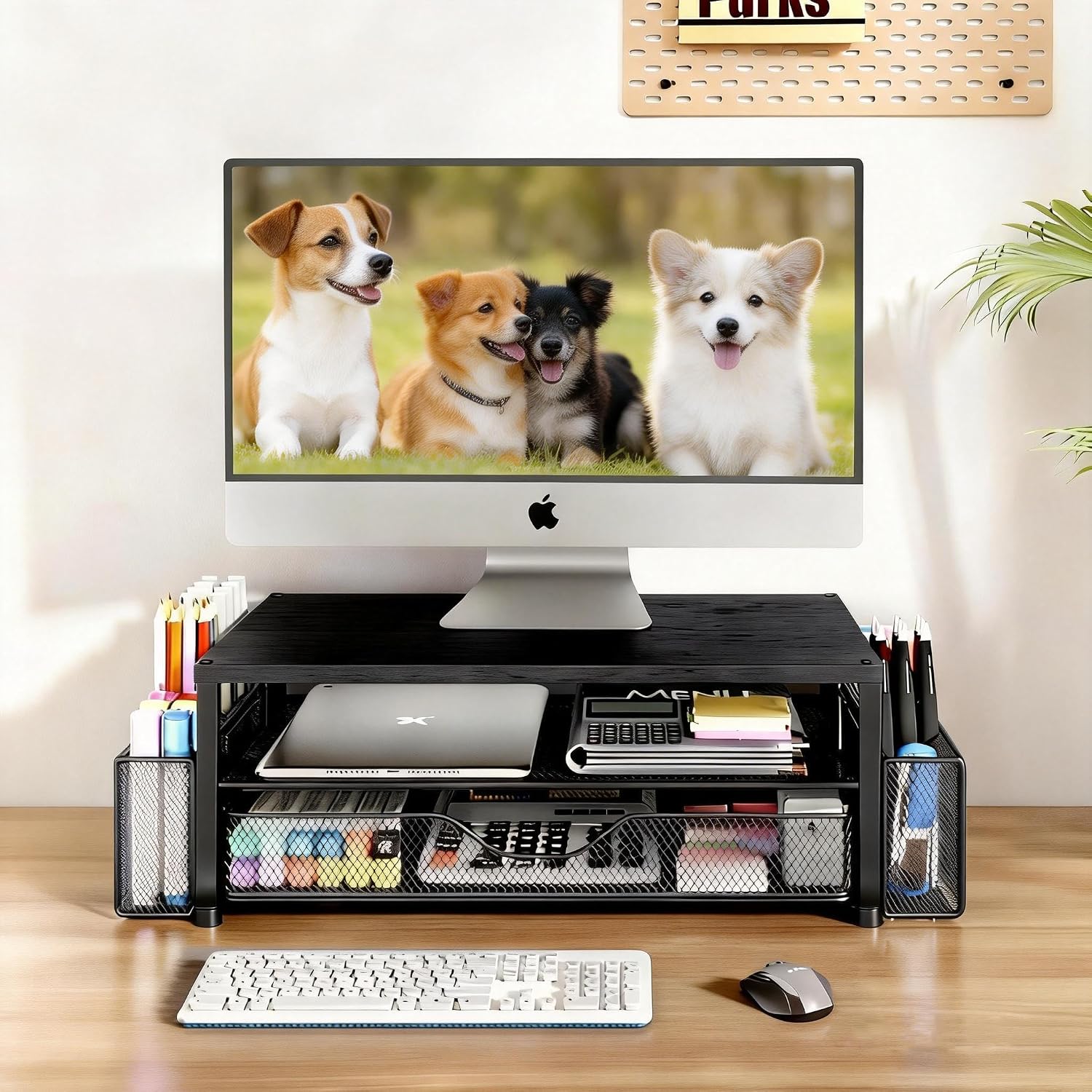 Wood Monitor Stand with Drawer & 2 Pen Holders | 2-Tier Desktop Monitor Riser & Desk Organizer for Computer, Laptop | Desktop Stand for Home Office Accessories (Black) thumbnail 2