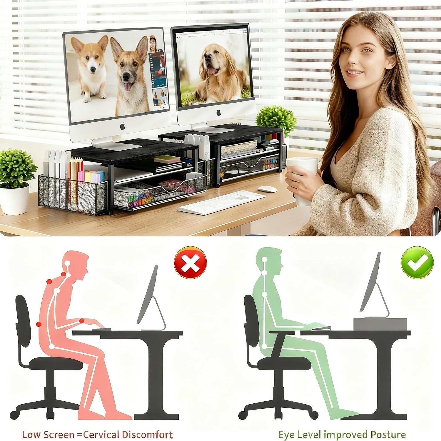 Wood Monitor Stand with Drawer & 2 Pen Holders | 2-Tier Desktop Monitor Riser & Desk Organizer for Computer, Laptop | Desktop Stand for Home Office Accessories (Black) thumbnail 3