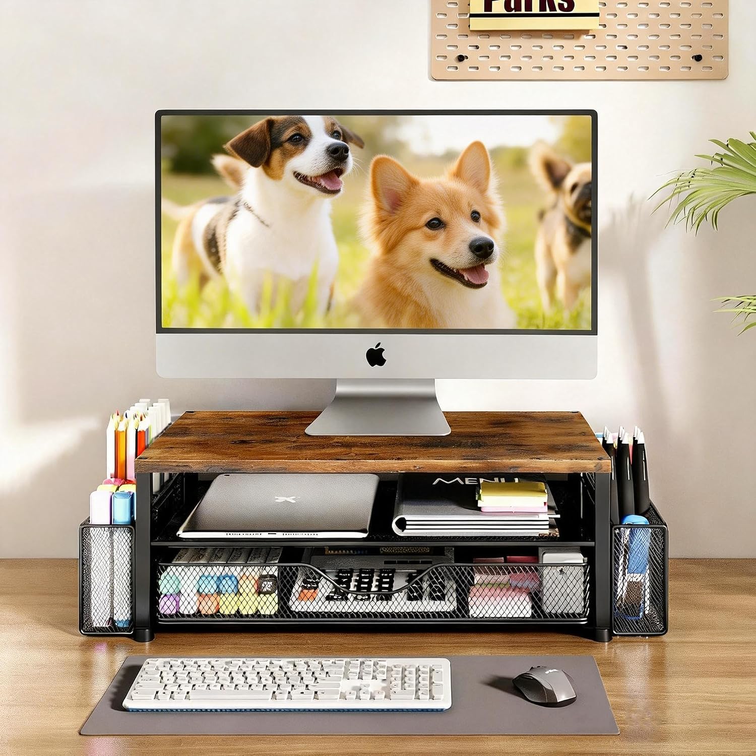 Wooden Monitor Stand with Drawer & 2 Metal Wire Pen Holders, Brown thumbnail 2