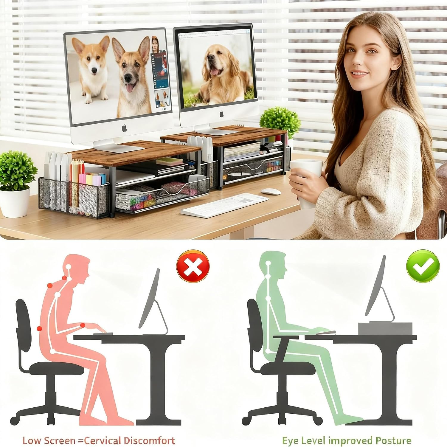 Wooden Monitor Stand with Drawer & 2 Metal Wire Pen Holders, Brown thumbnail 3